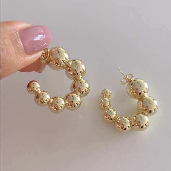 Ball Hoop Earrings | 14K Gold Plated Bead Hoops | Luxury Elegant Jewelry - Picture 1 of 12